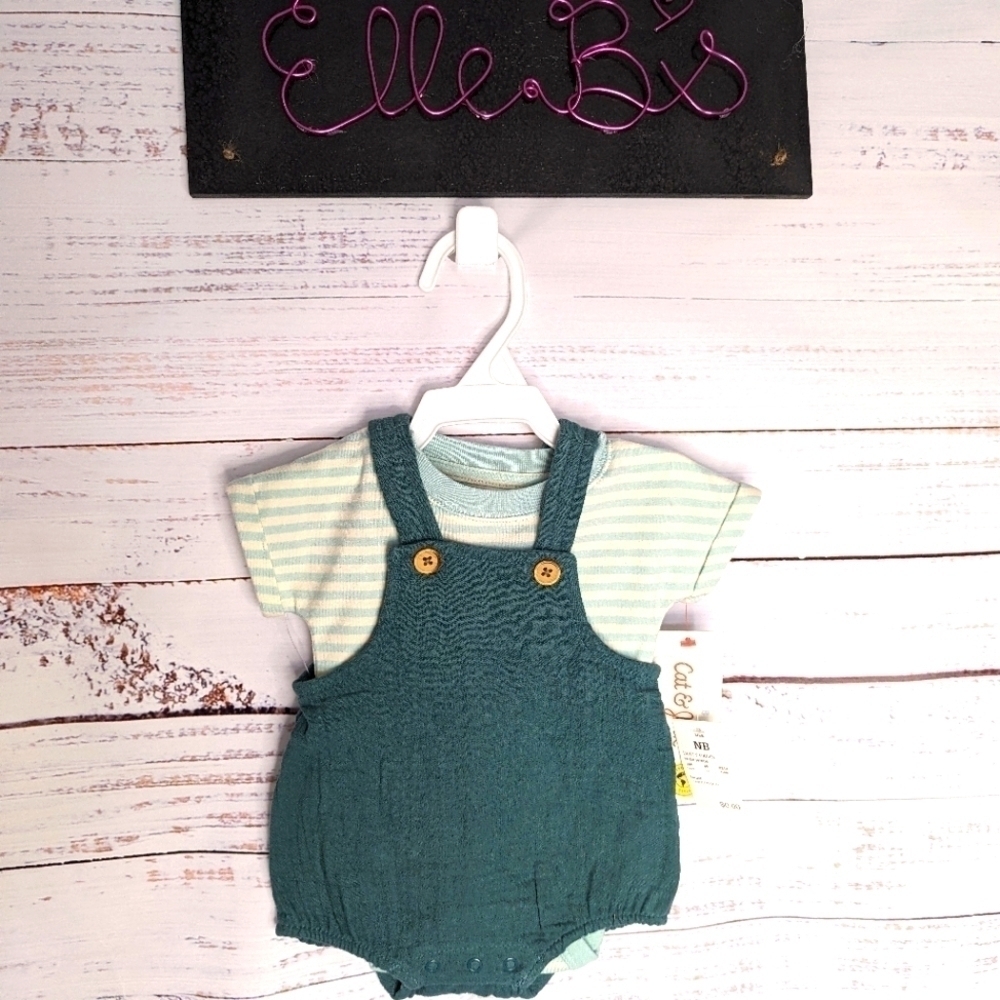NWT Carters Mint Striped 2 Piece Set Top with Overalls  0-3, 6-9M